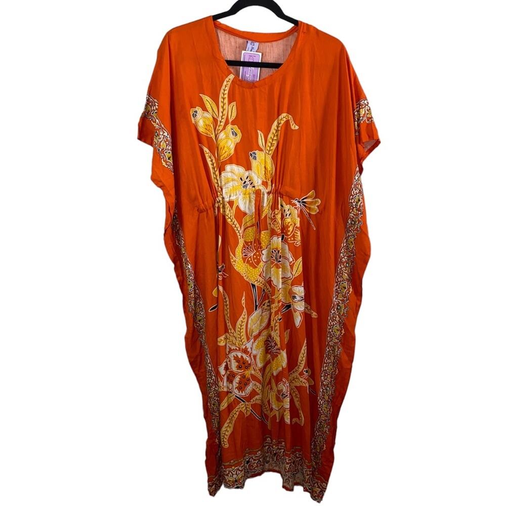 KA Kenanga Ayu Kaftan Dress OSFM Orange Floral Boho Maxi Caftan Cover Up NWT